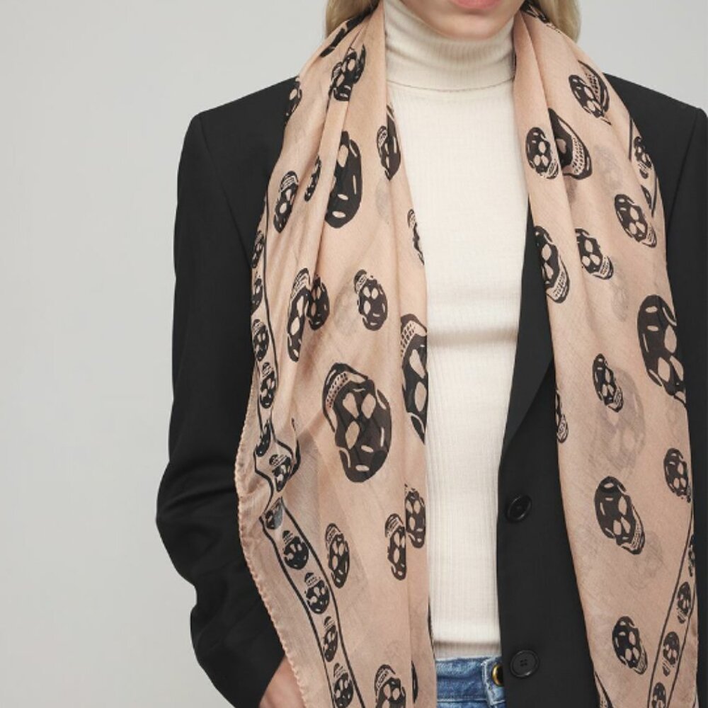 (SOLD) NEW Alexander McQueen Skull Print Silk-Blend Fringed Scarf - Pale Pink
